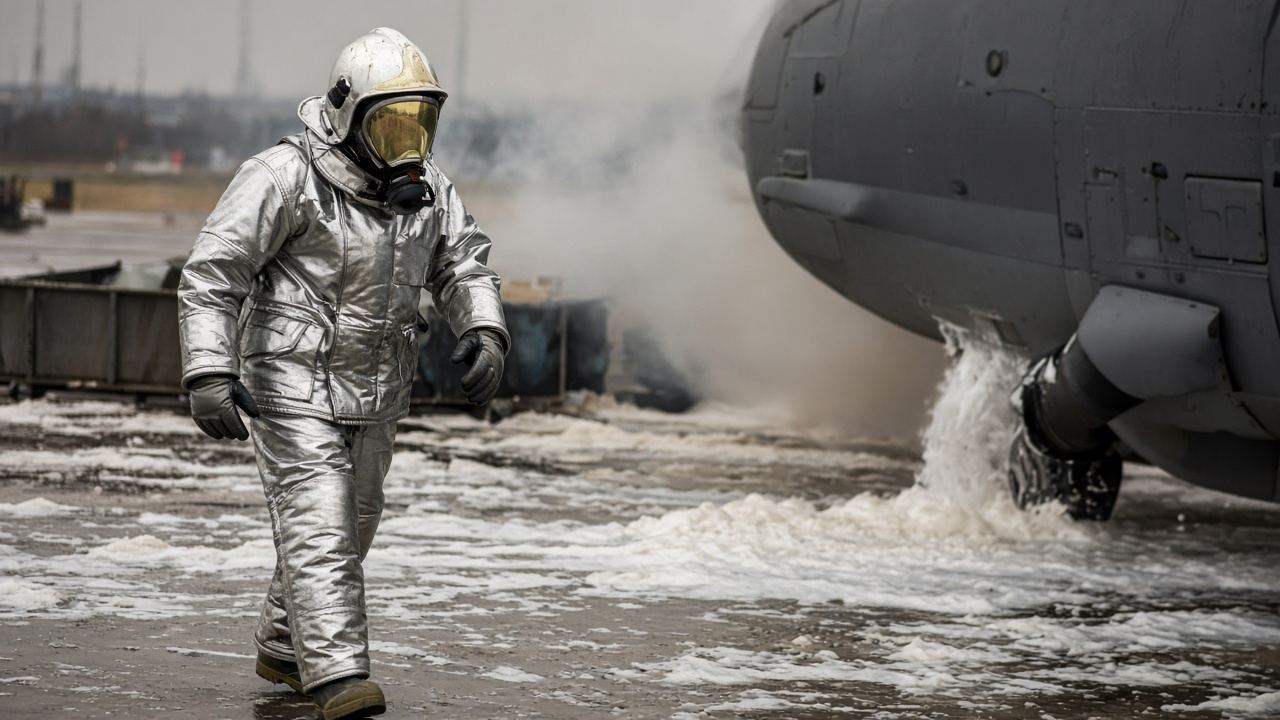 Aircraft rescue training in a silver proximity suit.