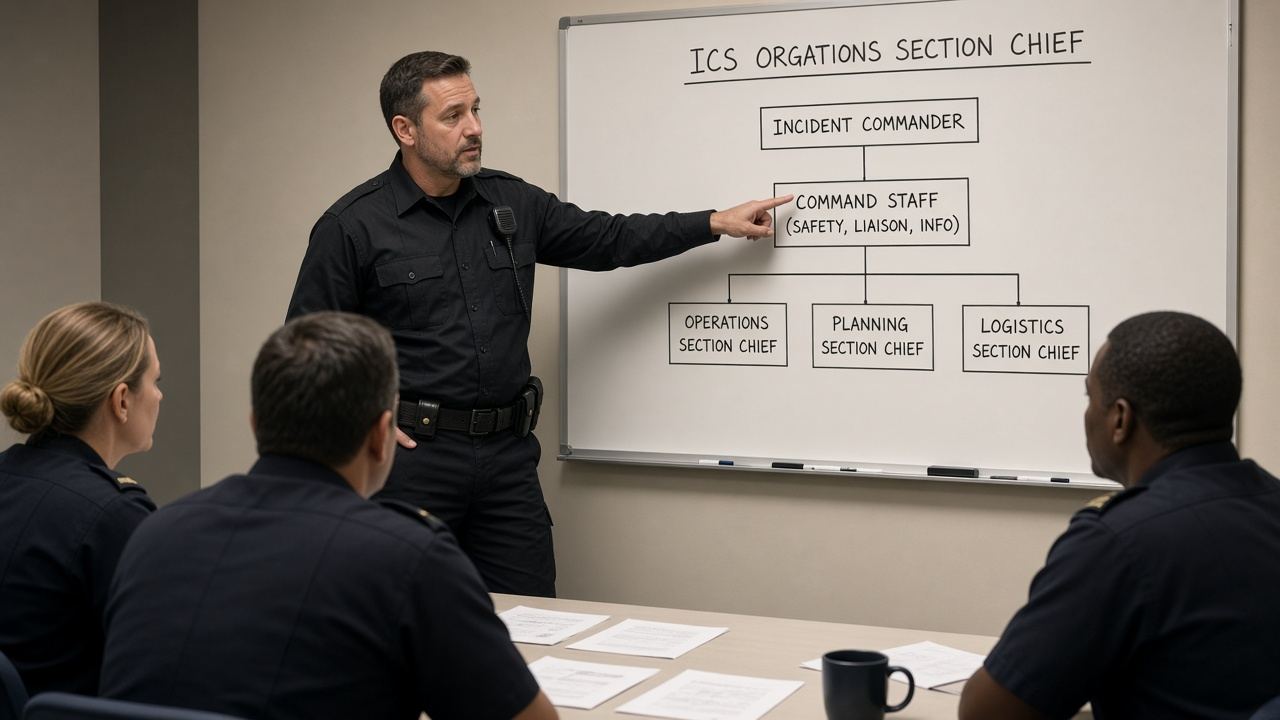 An incident-command classroom with a whiteboard.