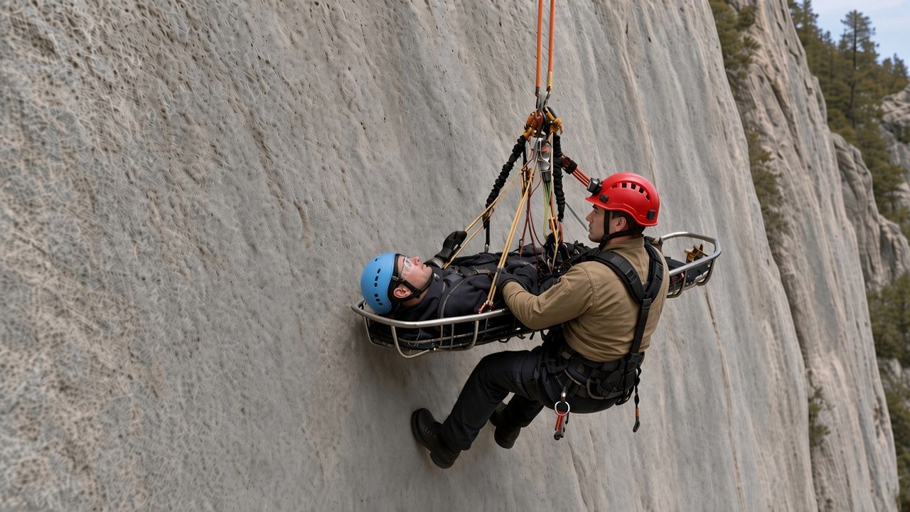 Rescuer tending a Stokes basket on a granite cliff.