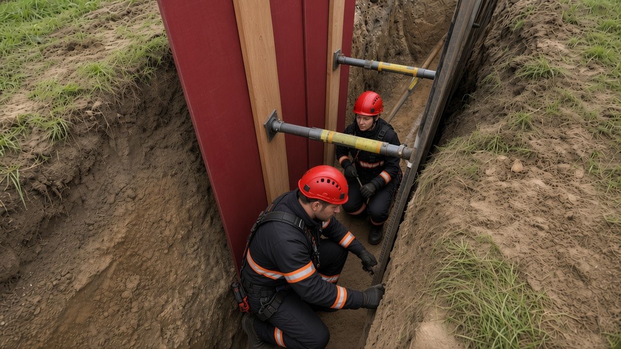 Rescuers working inside a shored trench.