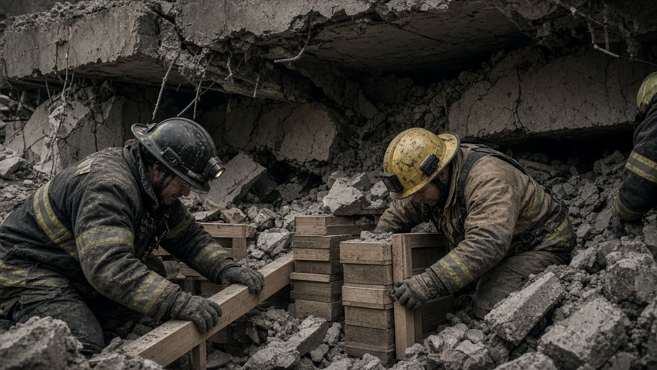 Shoring and rubble work at a collapse drill.