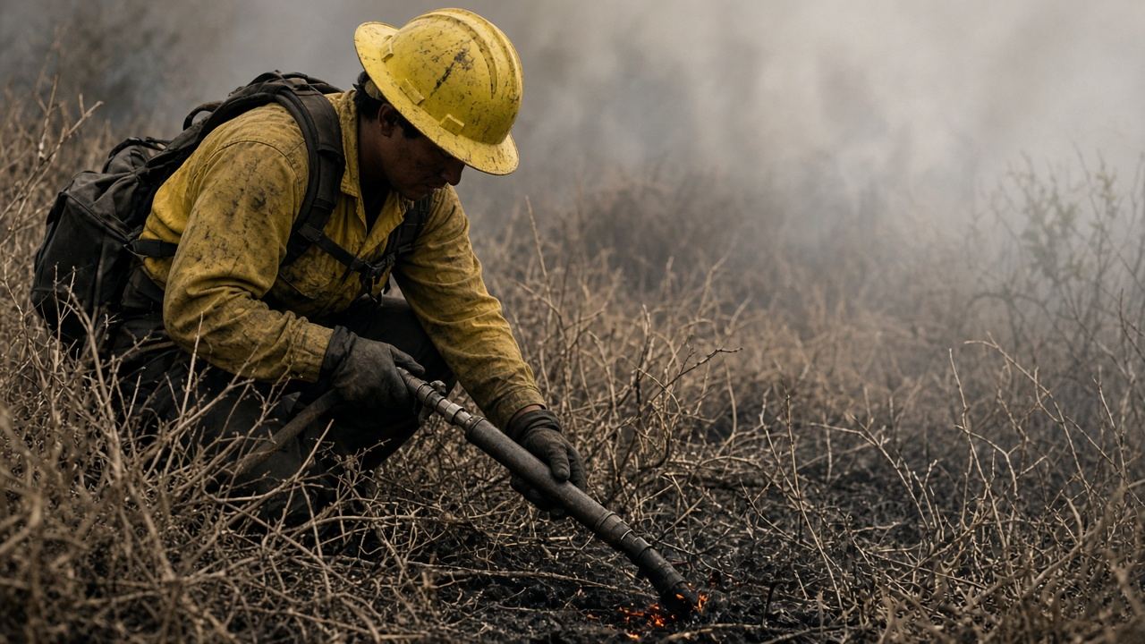 A wildland firefighter in a yellow shirt in brush.